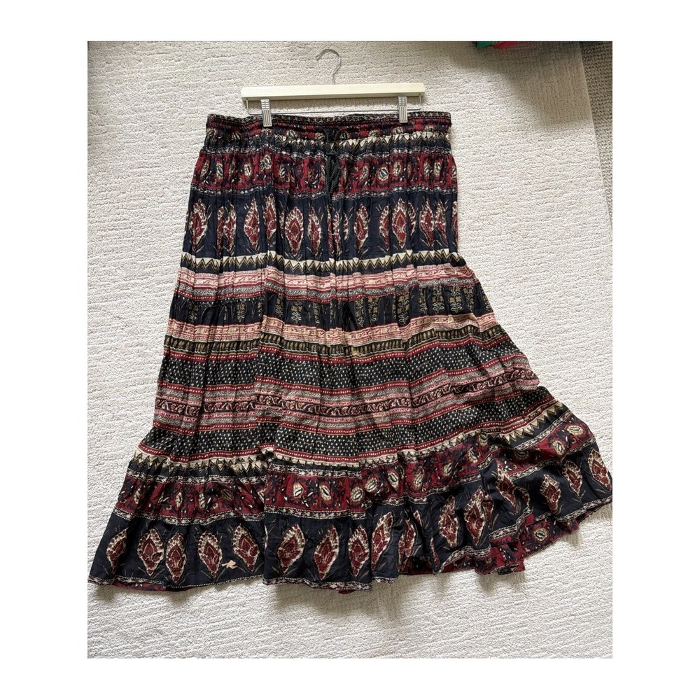 Sostanza Maxi Skirt Navy Red Tan Pull On Beaded Tie Fall Boho Peasant Size 22W